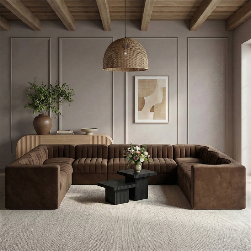 Meridian Furniture Rummi Brown Velvet Performance Fabric 9pc. Modular Sectional