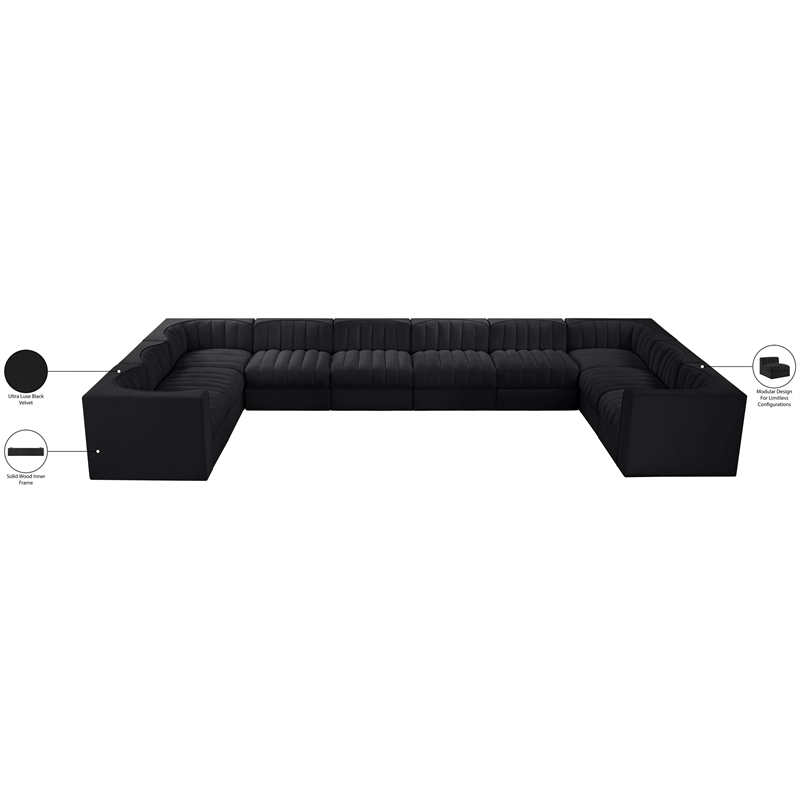 Meridian Furniture Rummi Black Velvet Performance Fabric 10pc. Modular Sectional