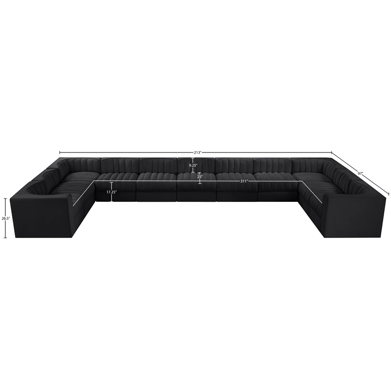 Meridian Furniture Rummi Black Velvet Performance Fabric 11pc. Modular Sectional