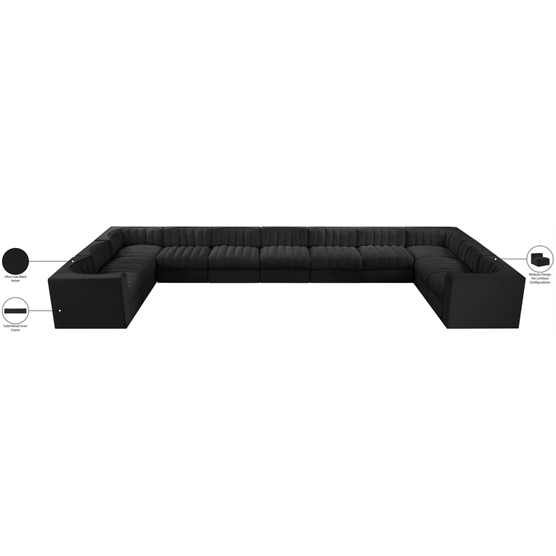 Meridian Furniture Rummi Black Velvet Performance Fabric 11pc. Modular Sectional