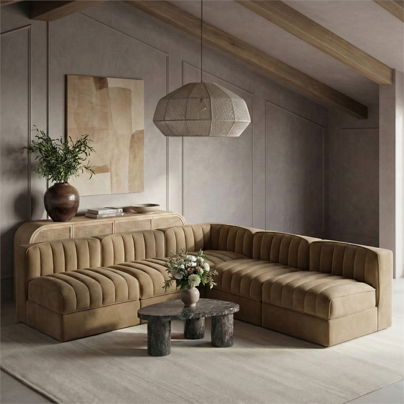 Meridian Furniture Rummi Saddle Velvet Performance Fabric 5pc. Modular Sectional