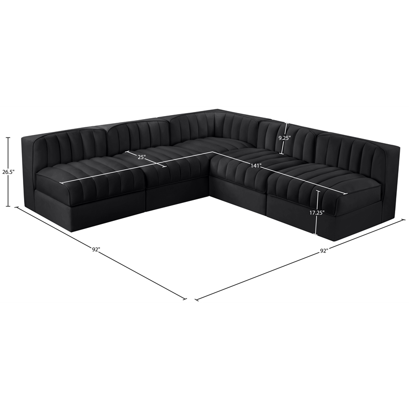Meridian Furniture Rummi Black Velvet Performance Fabric 5pc. Modular Sectional