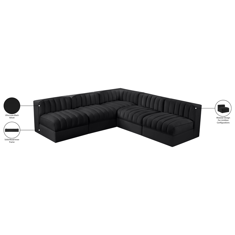 Meridian Furniture Rummi Black Velvet Performance Fabric 5pc. Modular Sectional