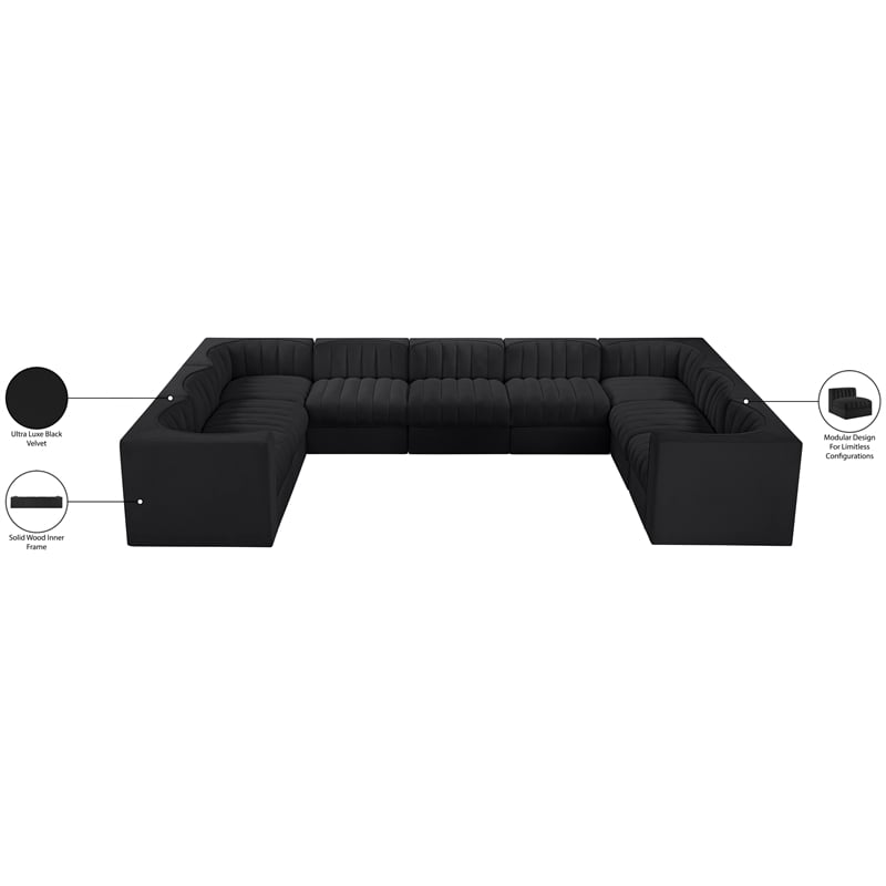 Meridian Furniture Rummi Black Velvet Performance Fabric 9pc. Modular Sectional
