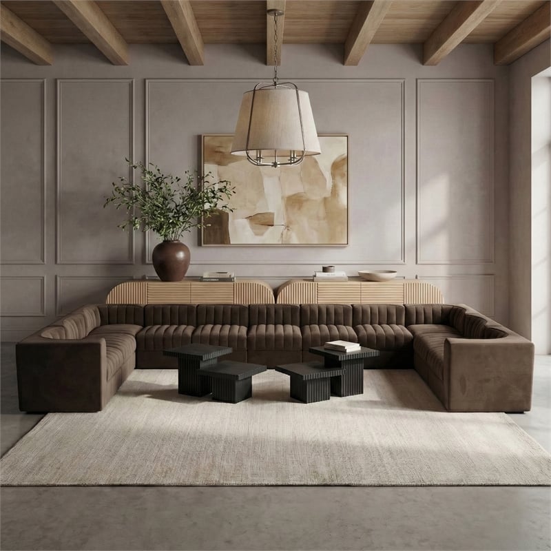 Meridian Furniture Rummi Brown Velvet Performance Fabric 11pc. Modular Sectional