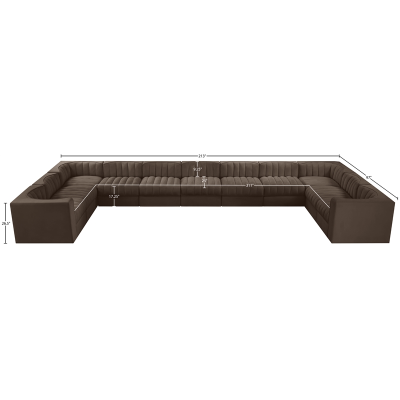 Meridian Furniture Rummi Brown Velvet Performance Fabric 11pc. Modular Sectional