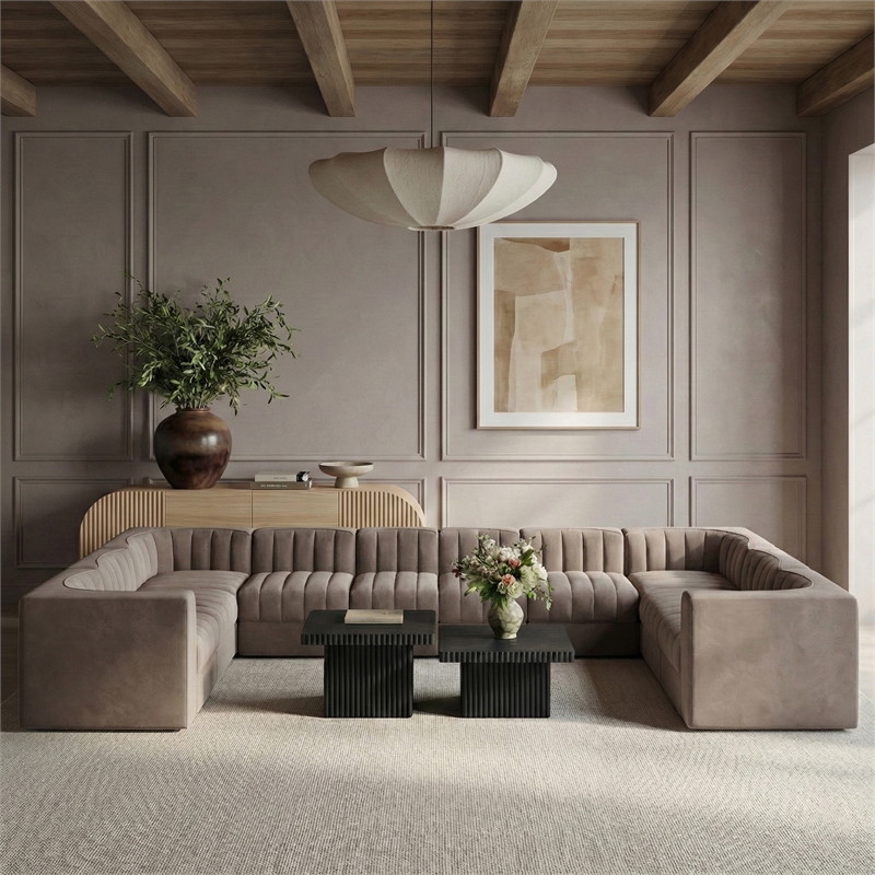 Meridian Furniture Rummi Taupe Velvet Performance Fabric 10pc. Modular Sectional