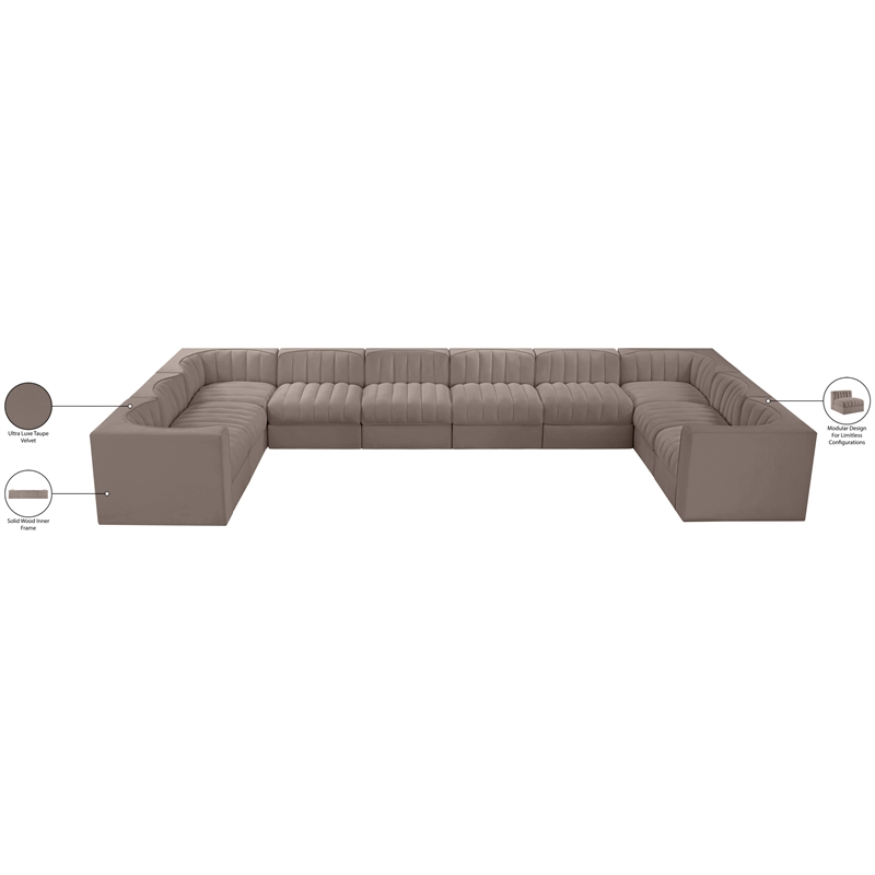 Meridian Furniture Rummi Taupe Velvet Performance Fabric 10pc. Modular Sectional