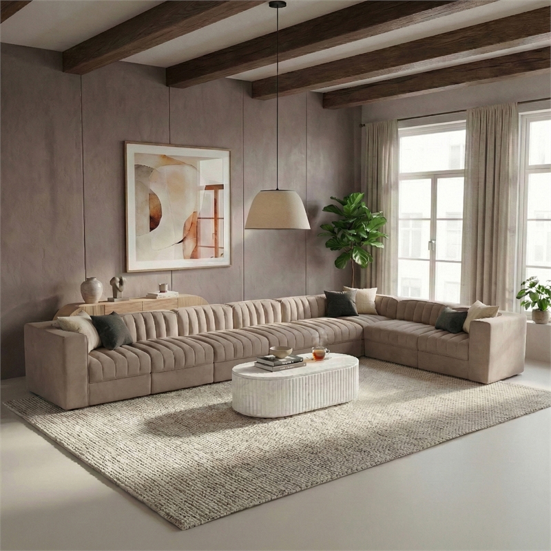 Meridian Furniture Rummi Taupe Velvet Performance Fabric 8pc. Modular Sectional
