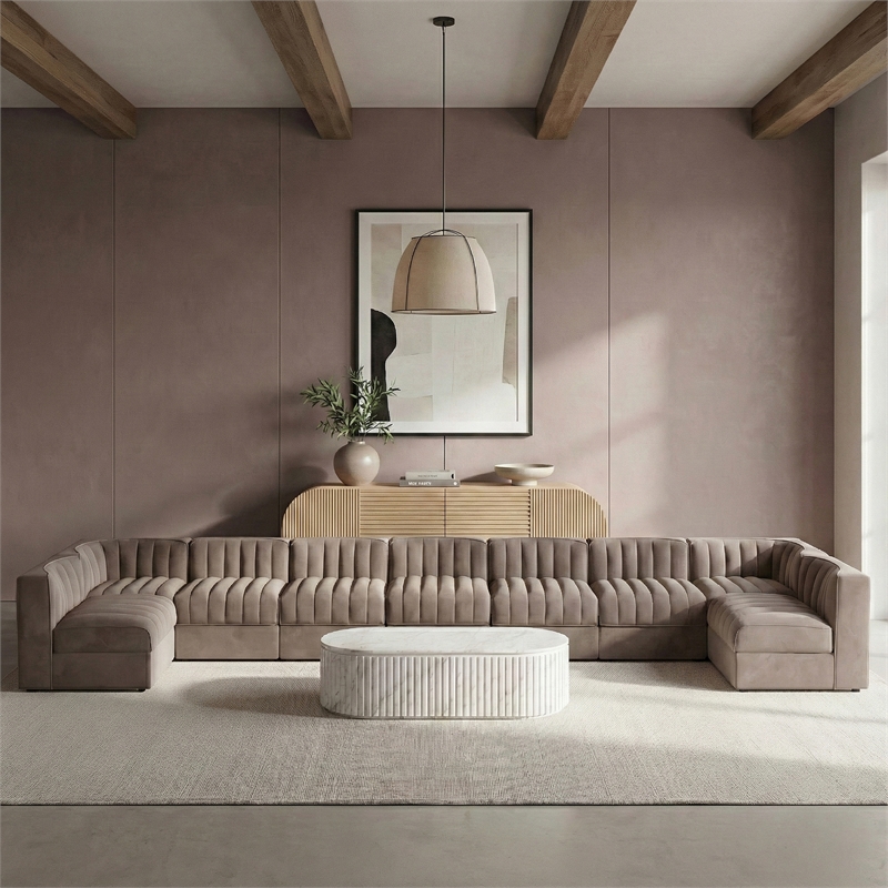 Meridian Furniture Rummi Taupe Velvet Performance Fabric 9pc. Modular Sectional