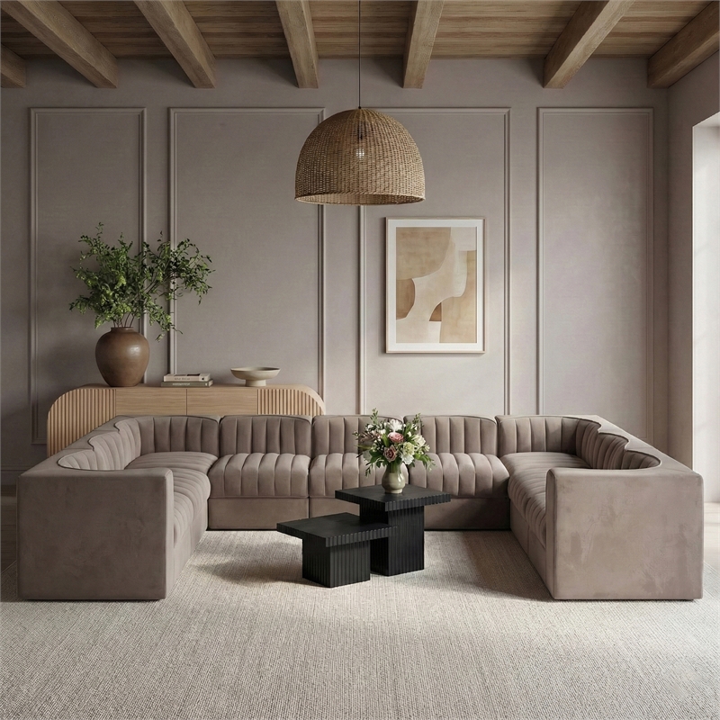 Meridian Furniture Rummi Taupe Velvet Performance Fabric 9pc. Modular Sectional