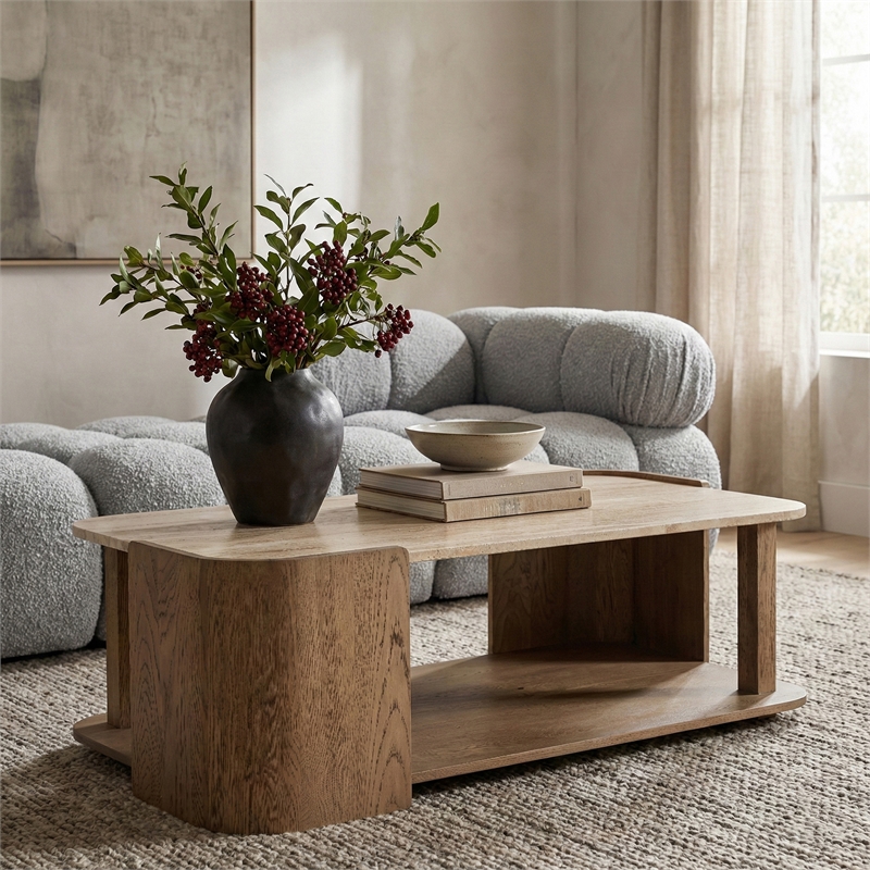 Meridian Furniture Calabria Beige Marble And Brown Oak Wood Coffee Table