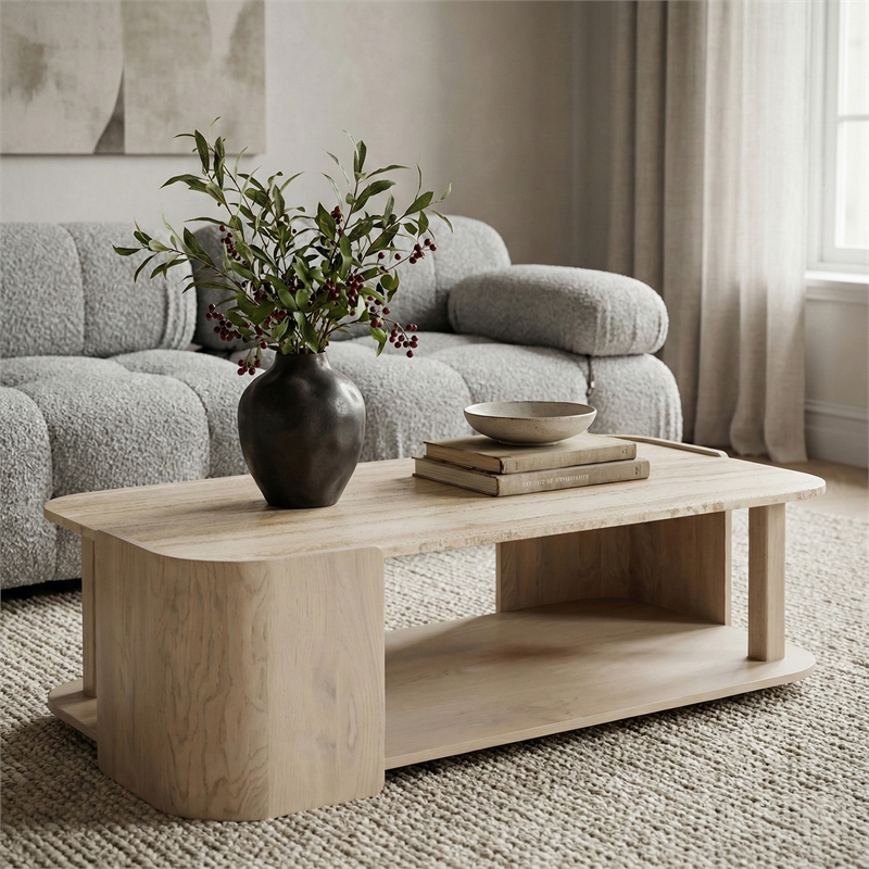Meridian Furniture Calabria Beige Marble And Cream Oak Wood Coffee Table