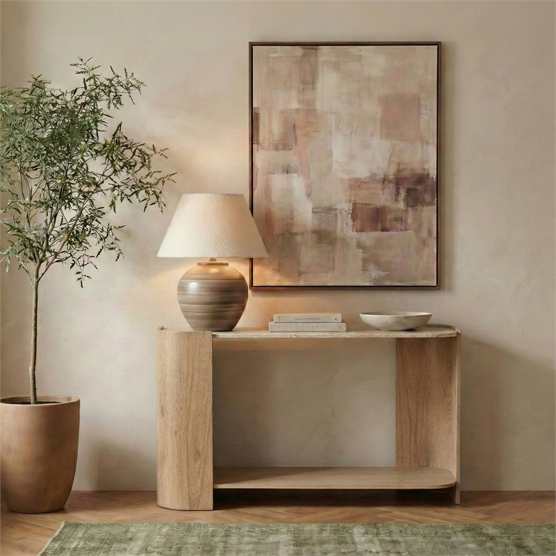 Meridian Furniture Calabria Beige Marble And Natural Oak Wood Console Table
