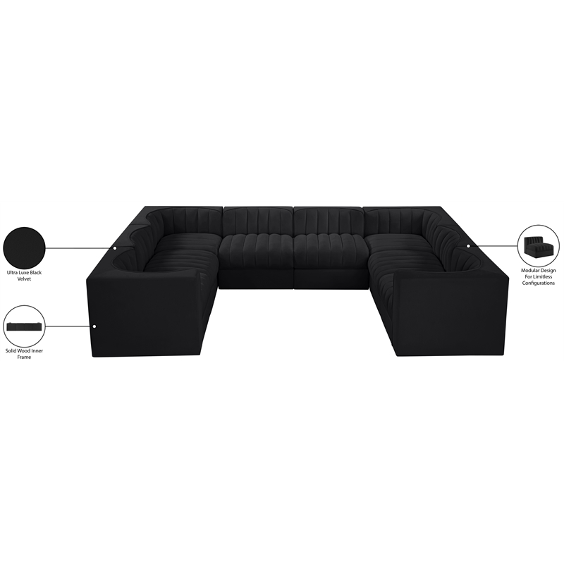 Meridian Furniture Rummi Black Velvet Performance Fabric Modular Sectional
