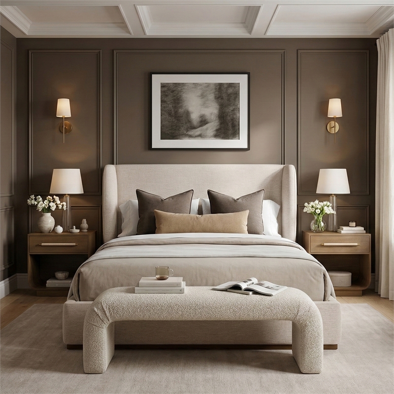 Meridian Furniture Aurin Beige Linen Textured Fabric Upholstered King Bed