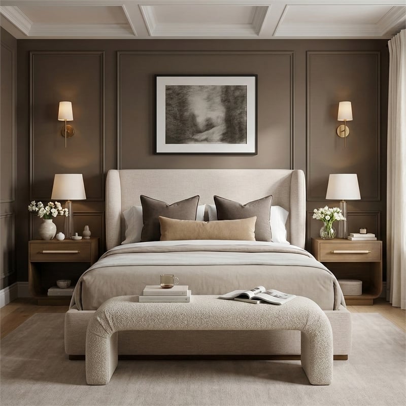 Meridian Furniture Aurin Beige Linen Textured Fabric Upholstered Queen Bed