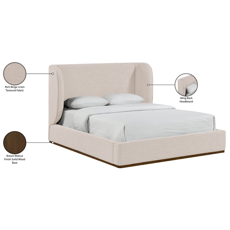 Meridian Furniture Aurin Beige Linen Textured Fabric Upholstered Queen Bed