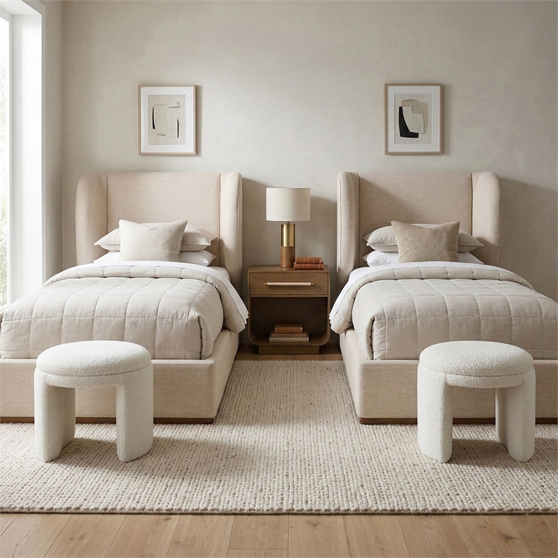 Meridian Furniture Aurin Beige Linen Textured Fabric Upholstered Twin Bed