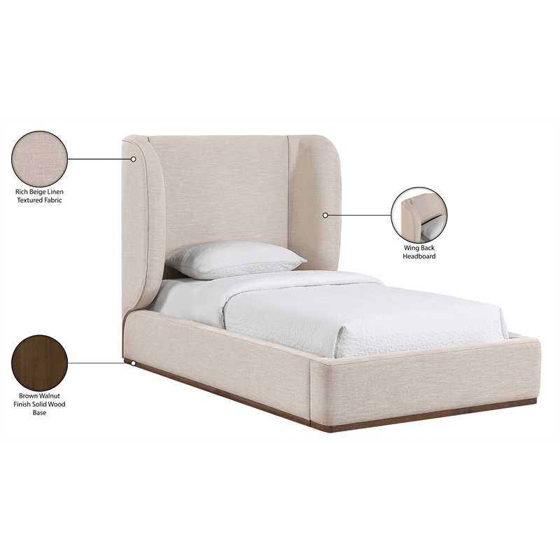 Meridian Furniture Aurin Beige Linen Textured Fabric Upholstered Twin Bed