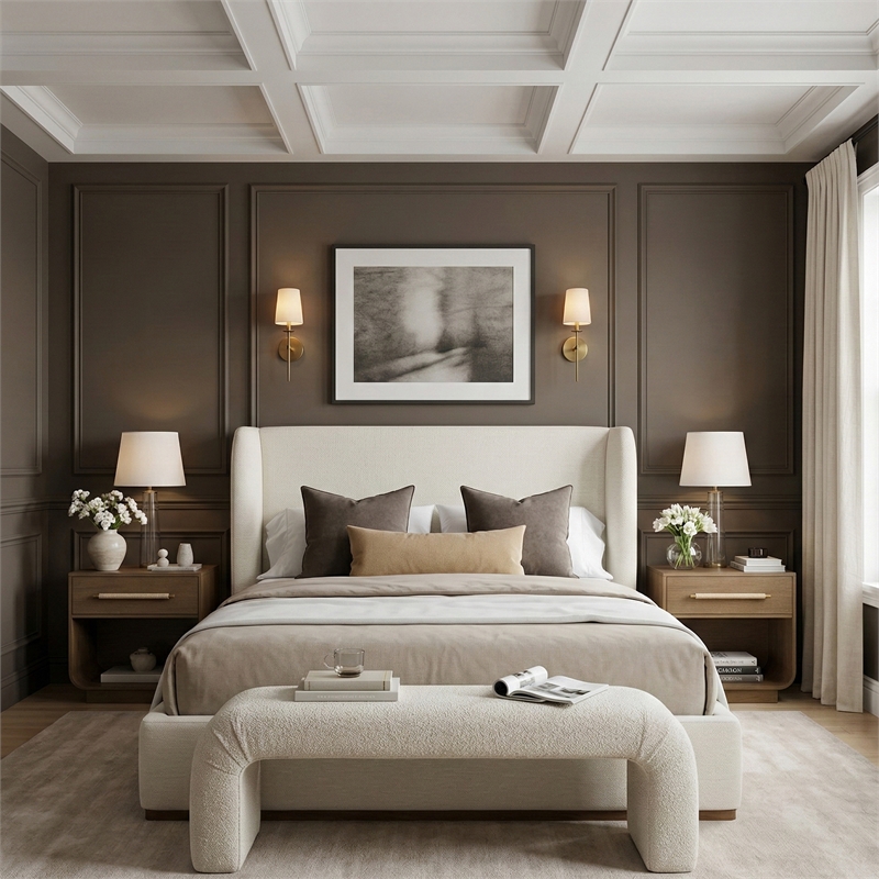 Meridian Furniture Aurin Cream Linen Textured Fabric Upholstered Full Bed