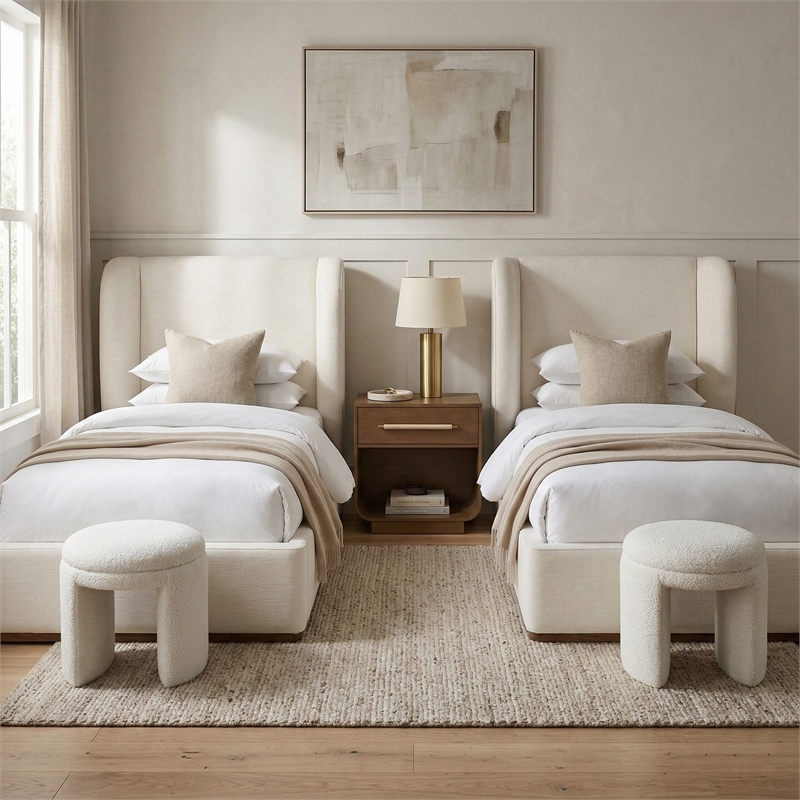 Meridian Furniture Aurin Cream Linen Textured Fabric Upholstered Twin Bed