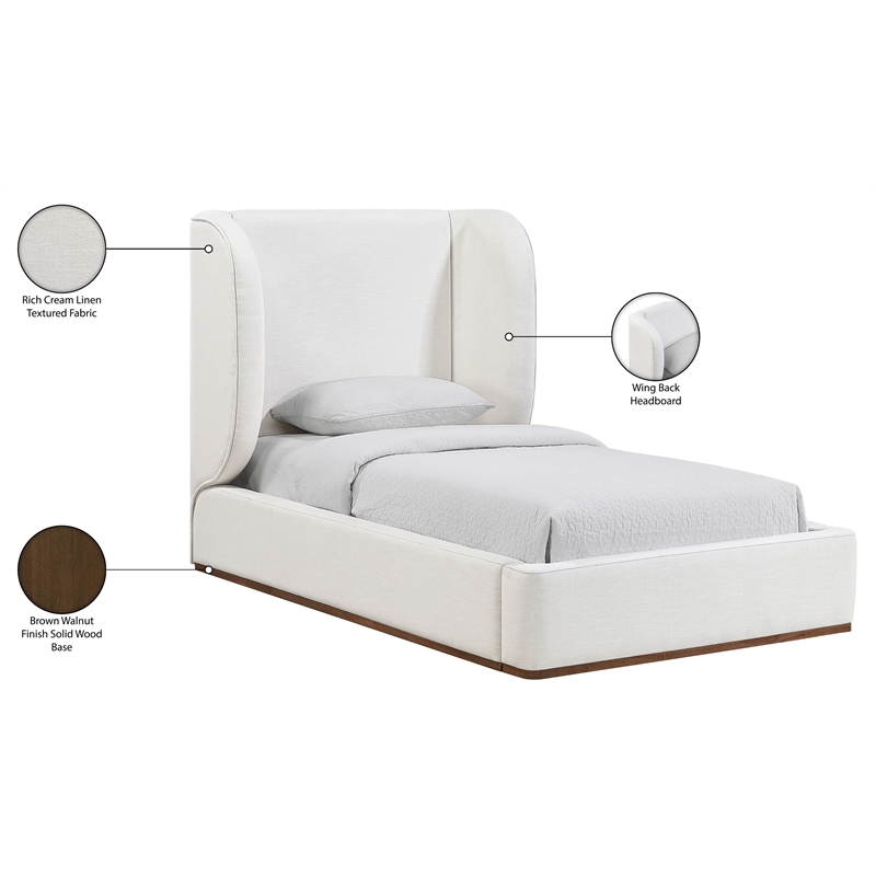 Meridian Furniture Aurin Cream Linen Textured Fabric Upholstered Twin Bed