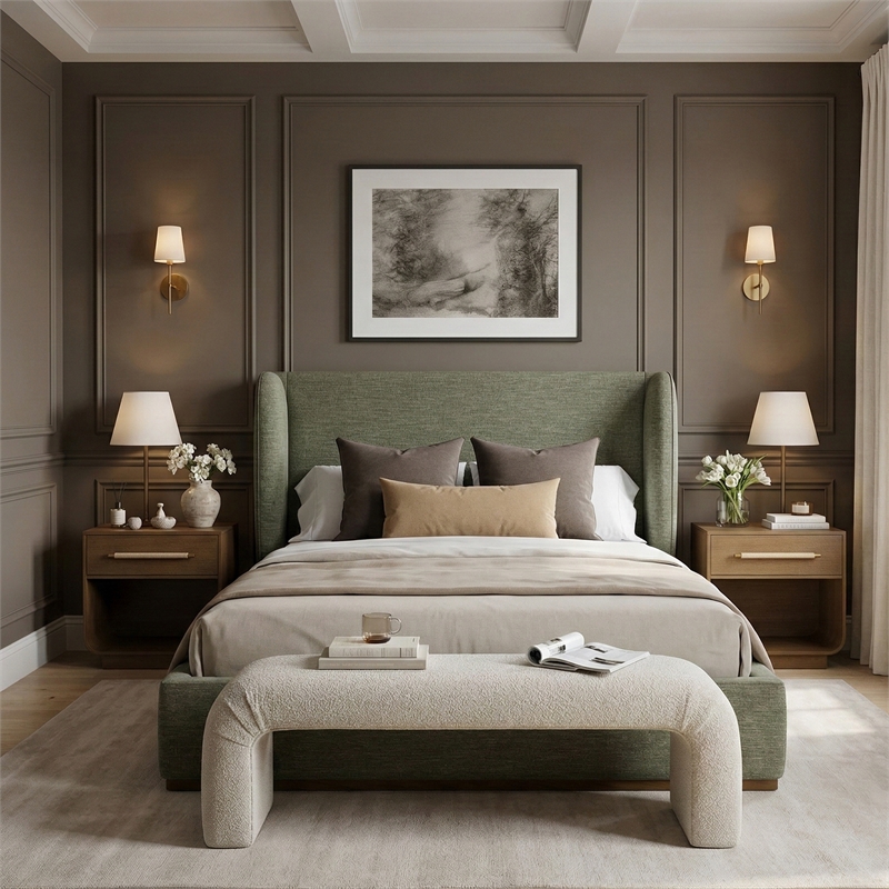 Meridian Furniture Aurin Olive Green Linen Textured Fabric Upholstered Queen Bed