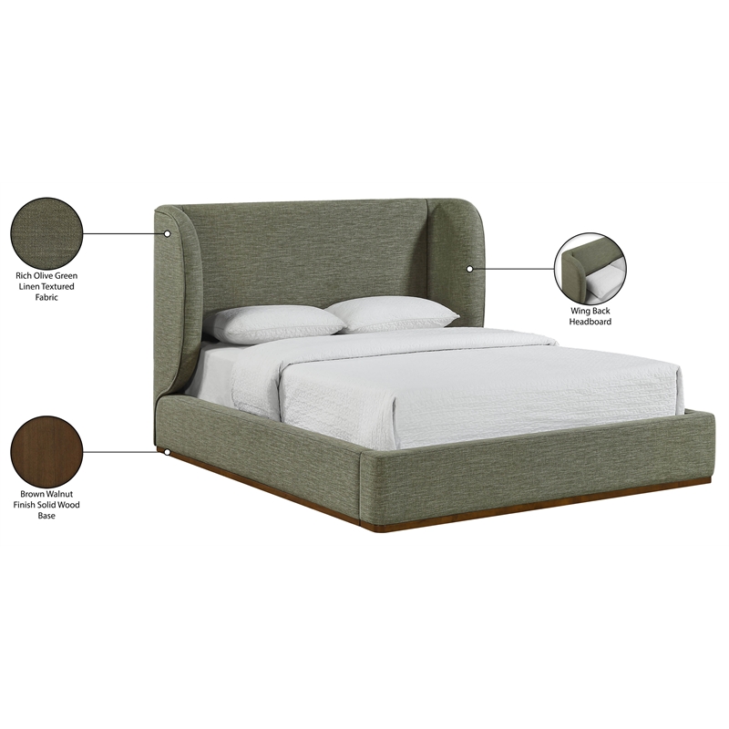 Meridian Furniture Aurin Olive Green Linen Textured Fabric Upholstered Queen Bed