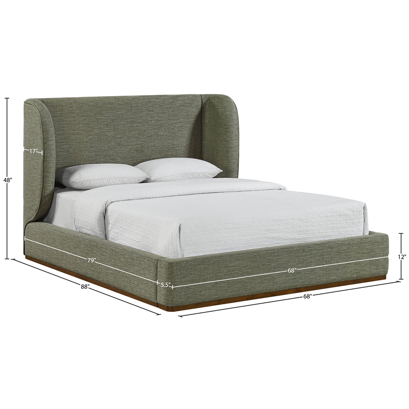 Meridian Furniture Aurin Olive Green Linen Textured Fabric Upholstered Queen Bed