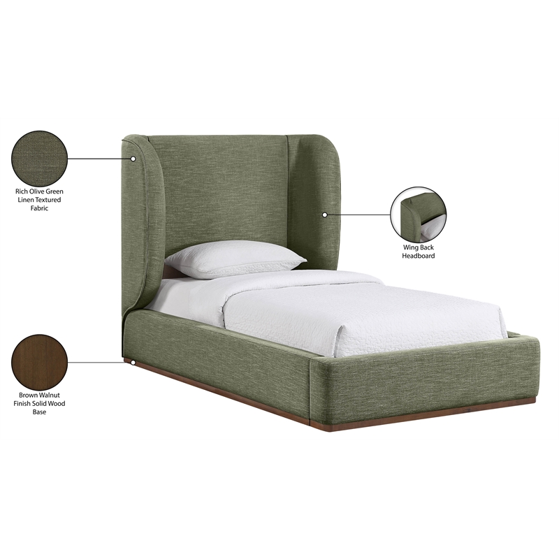 Meridian Furniture Aurin Olive Green Linen Textured Fabric Upholstered Twin Bed