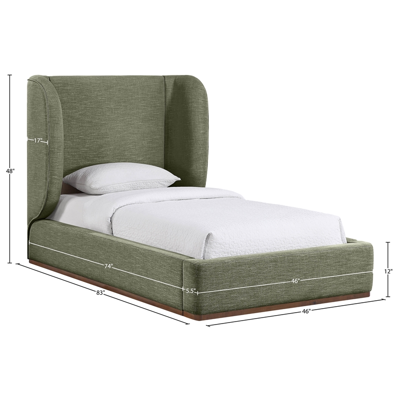 Meridian Furniture Aurin Olive Green Linen Textured Fabric Upholstered Twin Bed