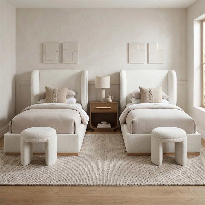 Meridian Furniture Aurin Cream Linen Textured Fabric Upholstered Twin Bed