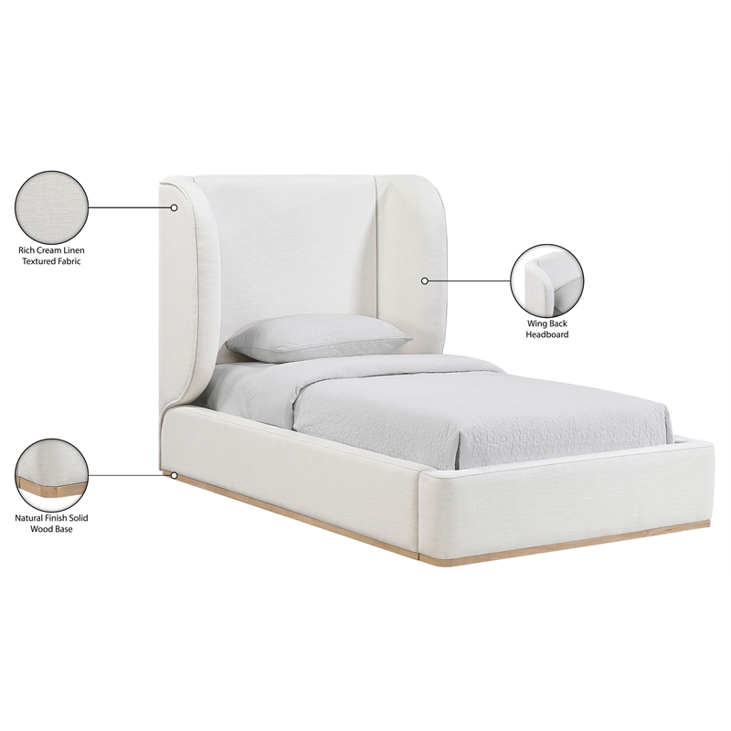 Meridian Furniture Aurin Cream Linen Textured Fabric Upholstered Twin Bed