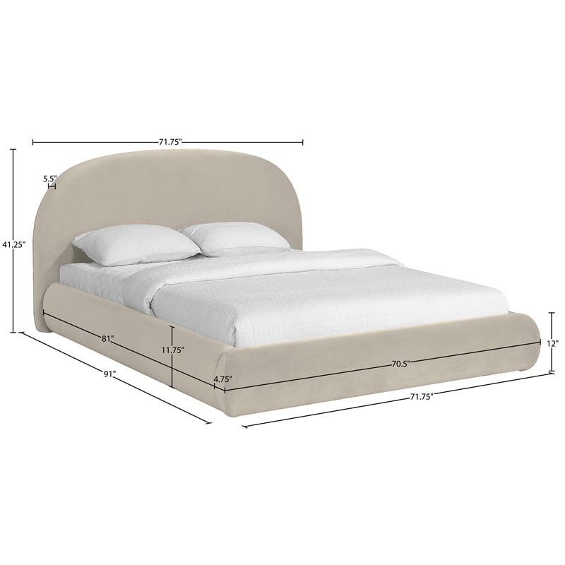 Meridian Furniture Celine Cream Velvet Upholstered Queen Bed