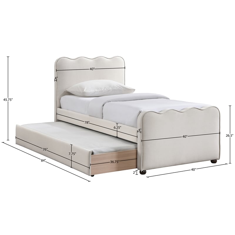 Meridian Furniture Gatsby Cream Mohair Velvet Upholstered Twin Trundle Bed