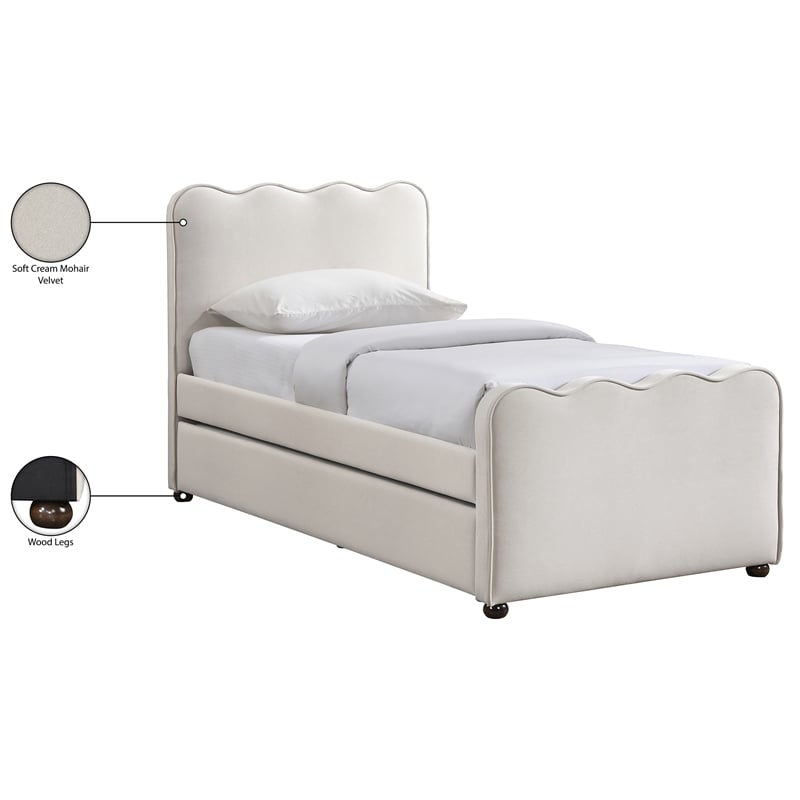 Meridian Furniture Gatsby Cream Mohair Velvet Upholstered Twin Trundle Bed