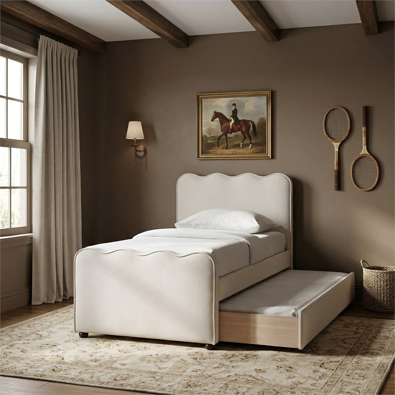 Meridian Furniture Gatsby Cream Mohair Velvet Upholstered Twin Trundle Bed
