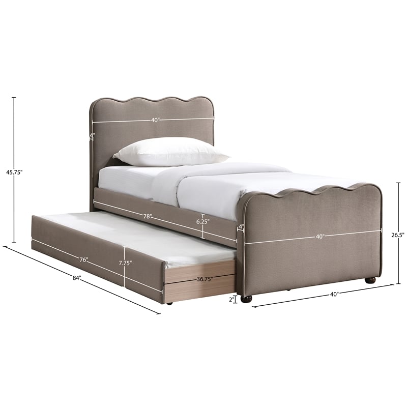 Meridian Furniture Gatsby Taupe Mohair Velvet Upholstered Twin Trundle Bed