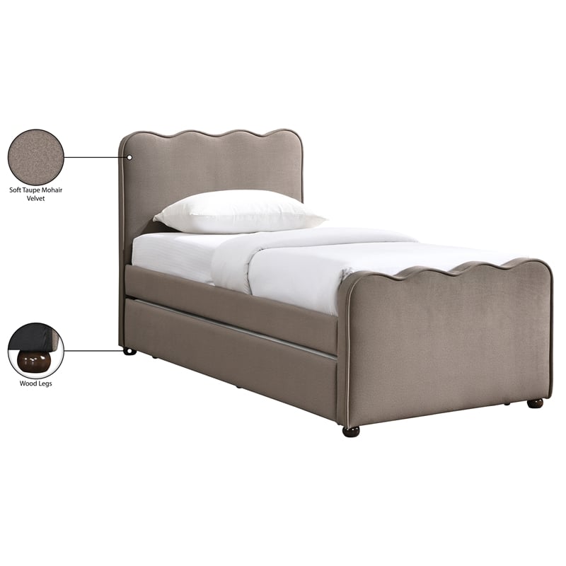 Meridian Furniture Gatsby Taupe Mohair Velvet Upholstered Twin Trundle Bed