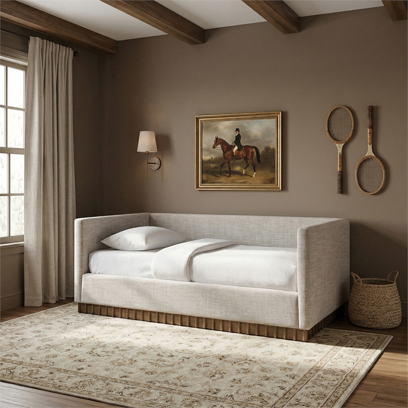 Meridian Furniture Teva Beige Linen Textured Fabric Upholstered Twin Daybed