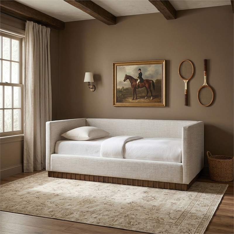 Meridian Furniture Teva Cream Linen Textured Fabric Upholstered Twin Daybed