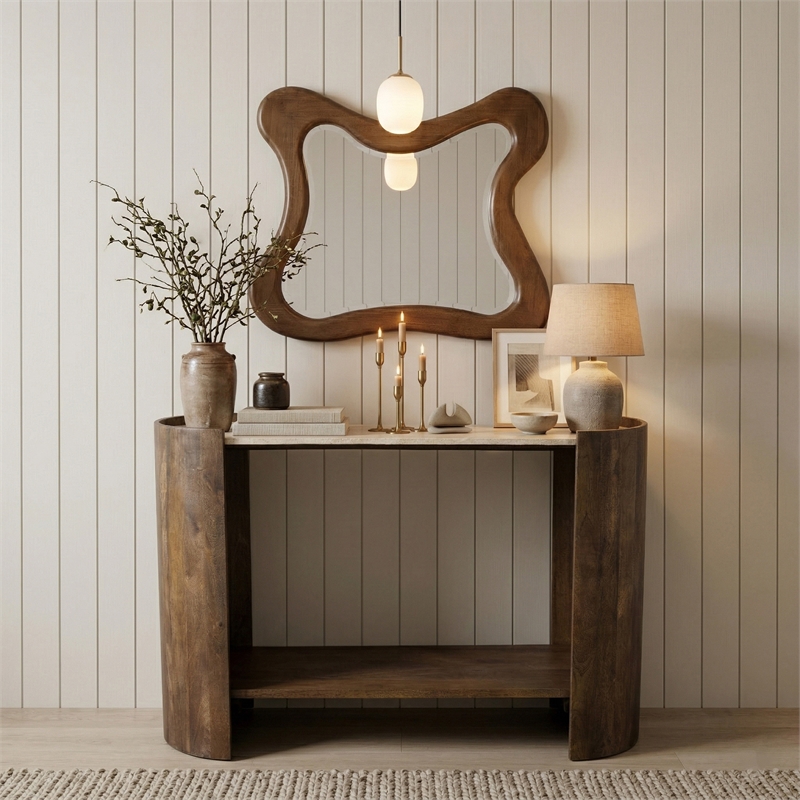 Meridian Furniture Solstice Brown Travertine And Mango Wood Console Table