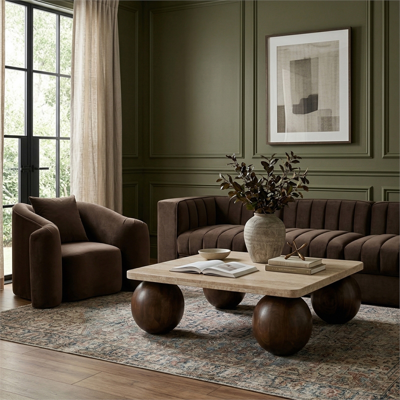 Meridian Furniture Strata Brown Travertine And Mango Wood Coffee Table