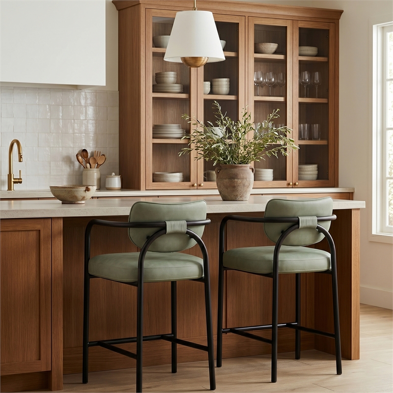 Meridian Furniture Serava Green Vegan Leather Upholstered Counter Stool