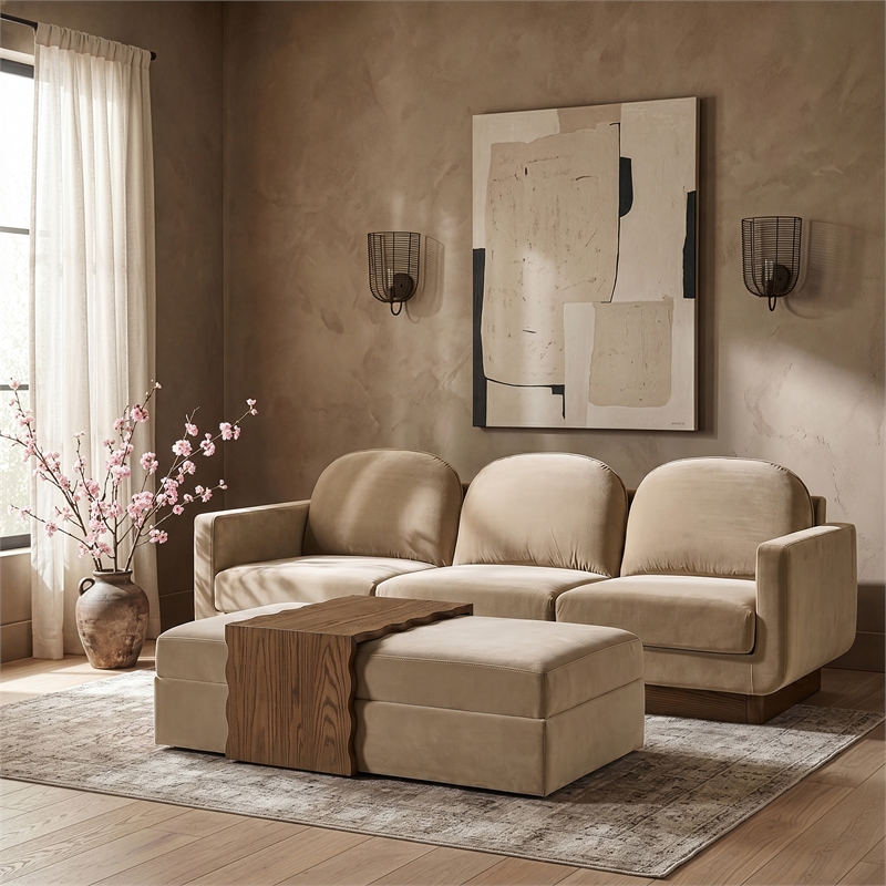 Meridian Furniture Woodra Beige Velvet Upholstered Coffee Table/Ottoman