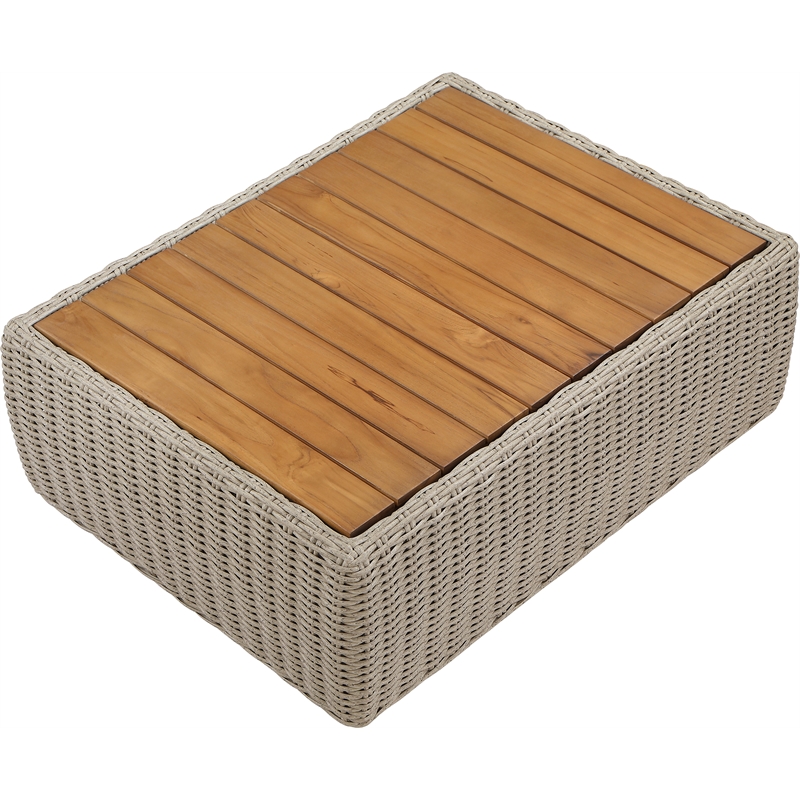 Meridian Furniture Seacrest Taupe Teak Wood And Wicker Patio Coffee Table