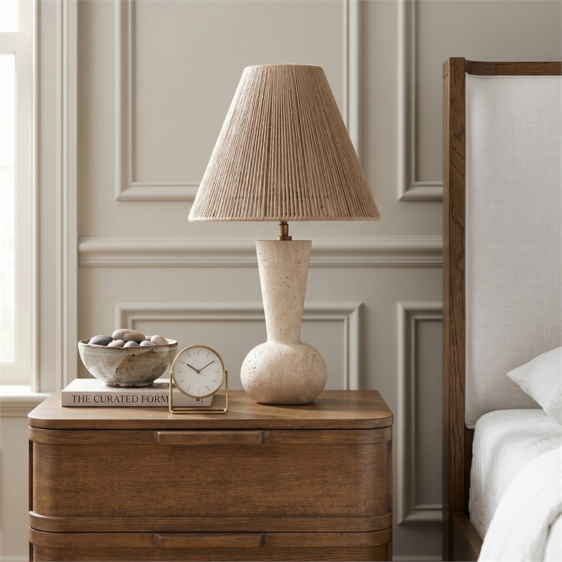 Meridian Furniture Lucente Travertine Base And Jute Shade Table Lamp