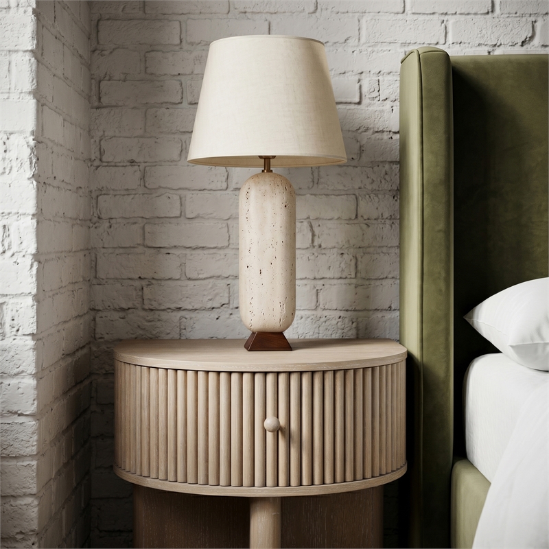 Meridian Furniture Solis Travertine/Walnut Wood Base With Linen Shade Table Lamp