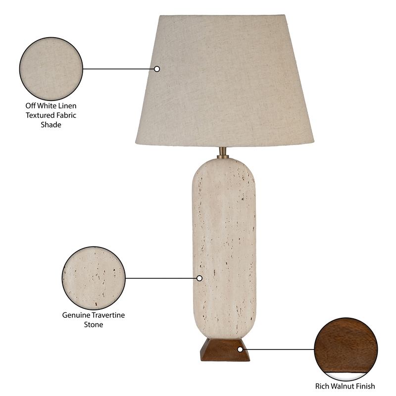 Meridian Furniture Solis Travertine/Walnut Wood Base With Linen Shade Table Lamp
